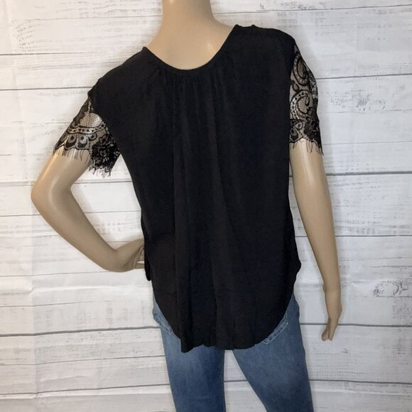 NWOT Black Cut Out Lace Patchwork Short Sleeve Top - Picture 3 of 5